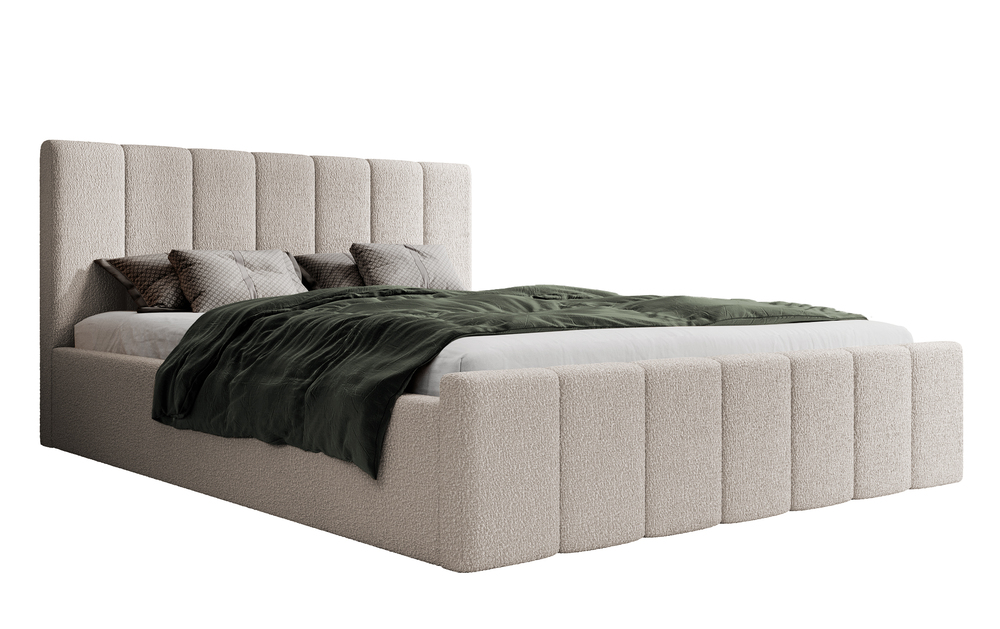 SELSEY Łóżko tapicerowane 140x200 cm Neroma beżowe z pojemnikiem stelaż metalowy boucle nogi czarne