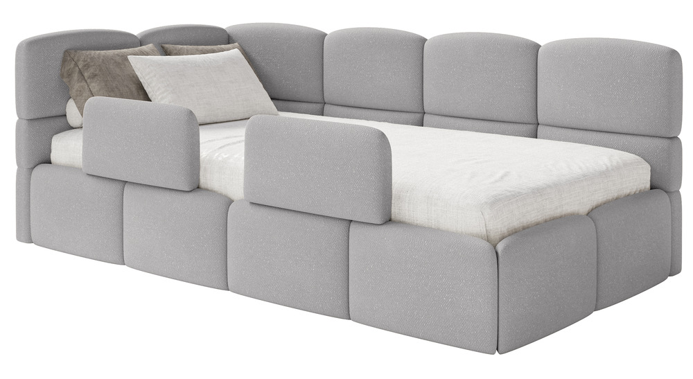 SELSEY Łóżko młodzieżowe 90x200 cm Cloudy lewostronne z materacem pojemnikiem i barierkami jasnoszare szenil