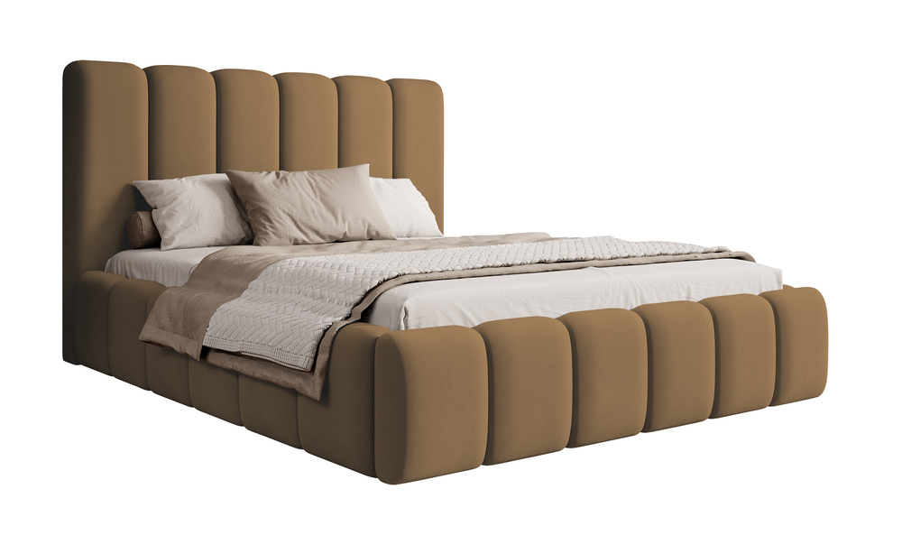 SELSEY Łóżko tapicerowane 140x200 cm Biscottino miedziane z pojemnikiem stelaż metalowy podnośnik gazowy