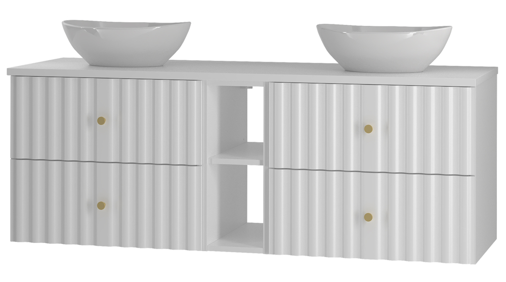 SELSEY Zestaw łazienkowy z dwiema umywalkami nablatowymi i półkami Aqua 140 cm ryflowane fronty biały mat