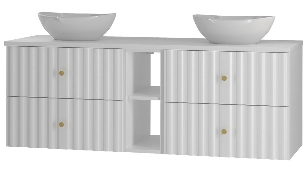 SELSEY Zestaw łazienkowy z dwiema umywalkami nablatowymi i półkami Aqua 140 cm ryflowane fronty biały mat