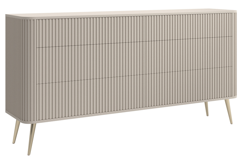 SELSEY Komoda Ovarlo z ryflami i sześcioma szufladami 168 cm beż piaskowy ze złotymi nogami