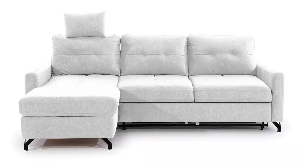 SELSEY Narożnik z funkcją spania Buriano L-kształtny z pojemnikiem i regulowanym zagłówkiem kremowy w tkaninie łatwoczyszczącej lewostronny