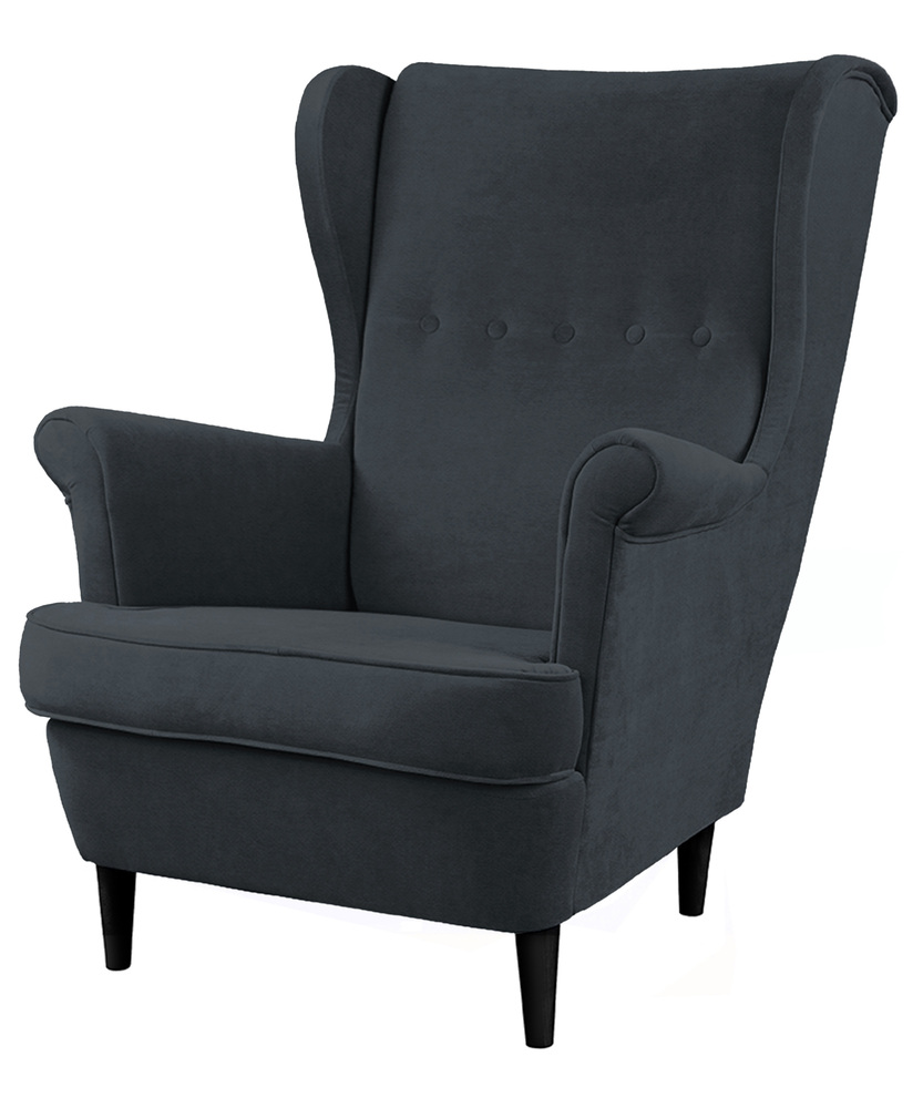 SELSEY Fotel uszak Malmo antracytowy welur łatwoczyszczący na czarnych nóżkach