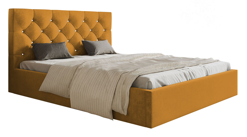 SELSEY Łóżko tapicerowane 140x200 cm Bellaris z pojemnikiem i pikowaniem kryształkami musztardowe