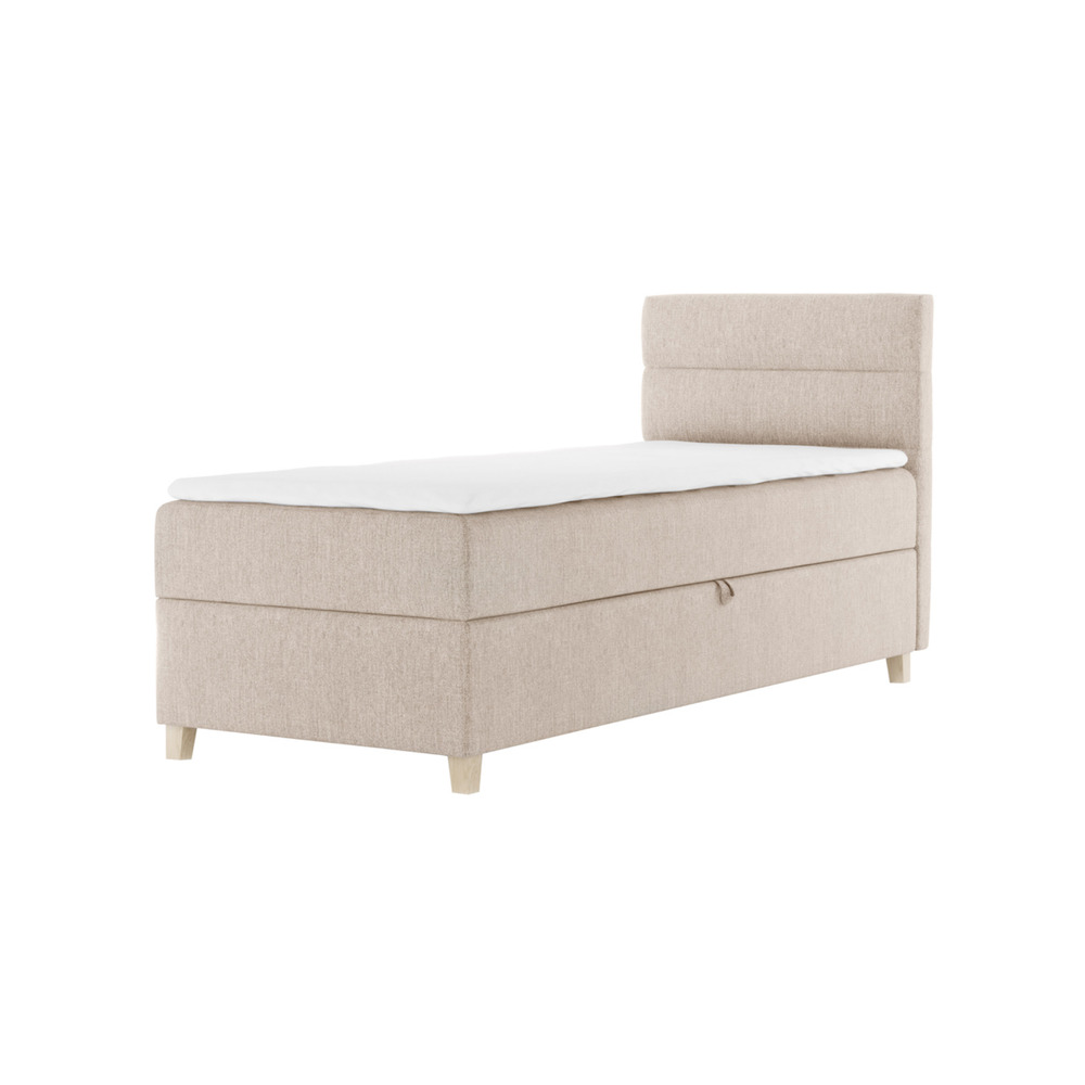 SELSEY Łóżko kontynentalne 100x200 cm Charolle z pojemnikiem i topperem jednoosobowe beżowe welur lewostronne