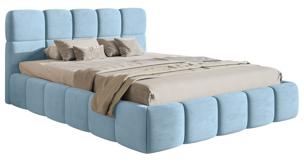 SELSEY Łóżko tapicerowane 140x200 cm Cloudy z pojemnikiem błękitne welur hydrofobowy łatwoczyszczący stelaż metalowy
