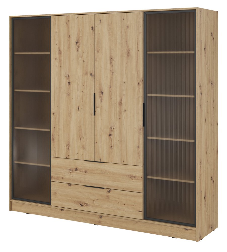 SELSEY Szafa czterodrzwiowa Kelly z witrynami i dwiema szufladami 206 cm dąb artisan
