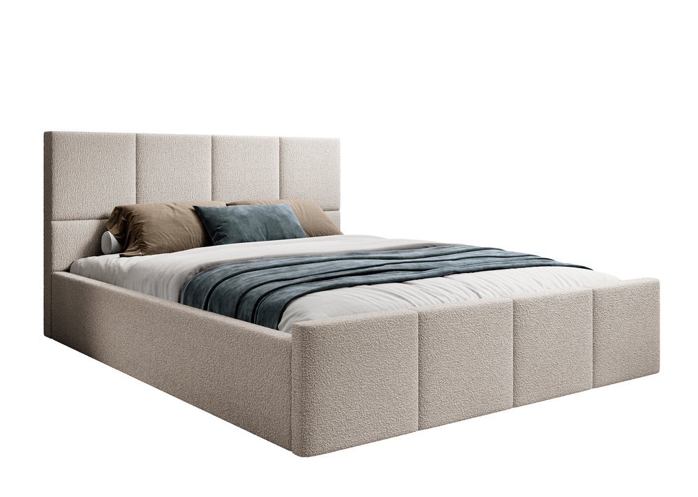 SELSEY Łóżko tapicerowane 140x200 cm Monera beżowe z pojemnikiem stelaż metalowy boucle nogi czarne