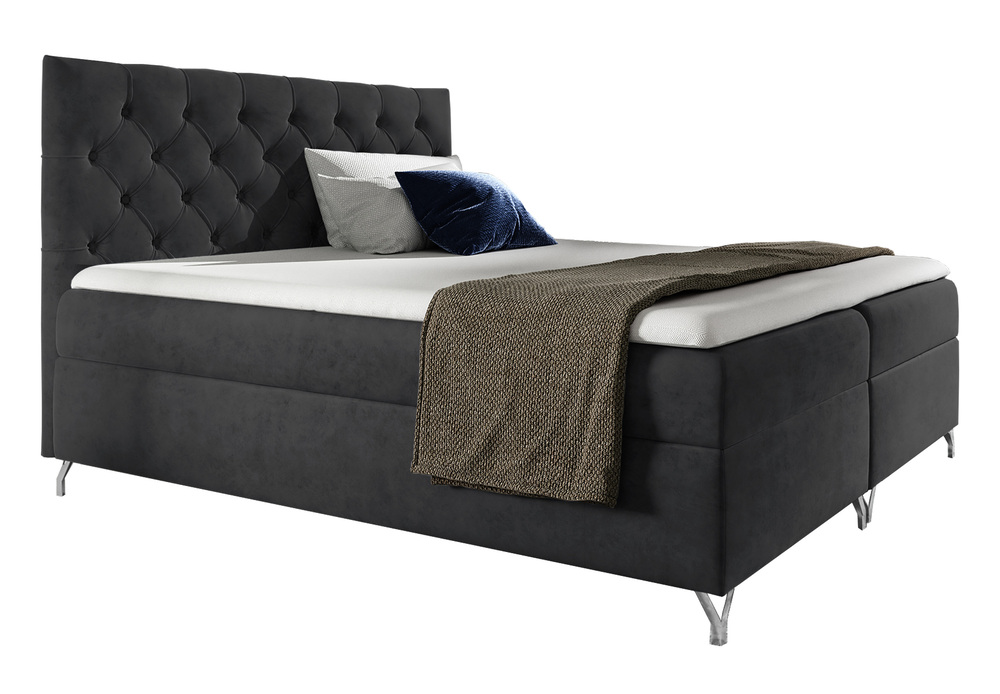 SELSEY Łóżko kontynentalne Lozanna 200x200 z dwoma pojemnikami, materacem i topperem ciemnoszare