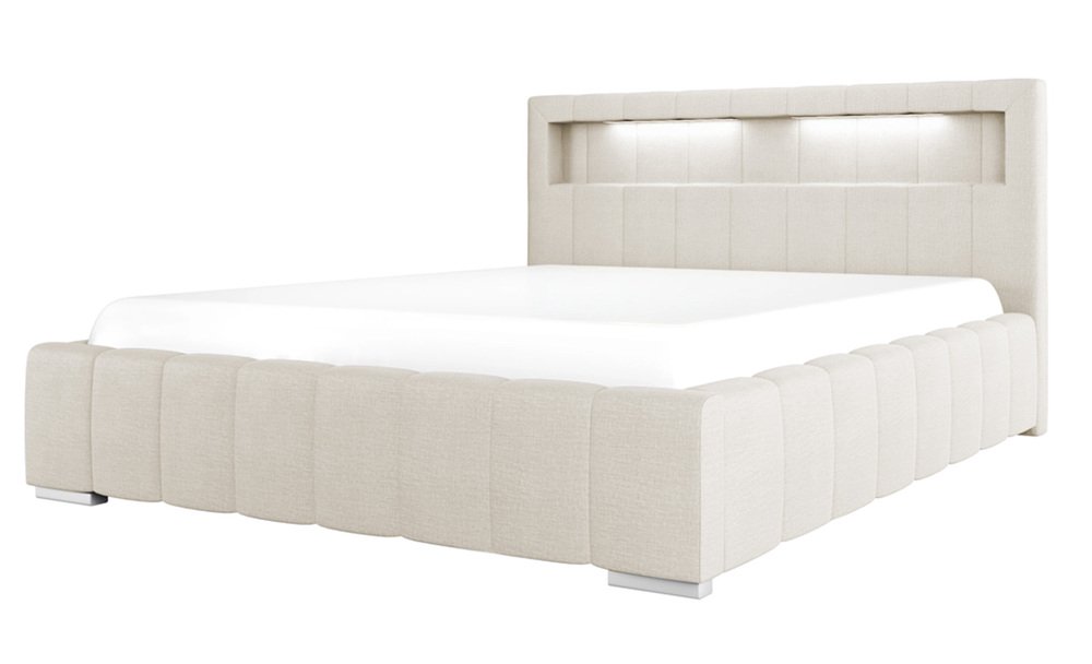 SELSEY Łóżko tapicerowane Foenum 140x200 ze stelażem metalowym i pojemnikiem kremowe hydrofobowe