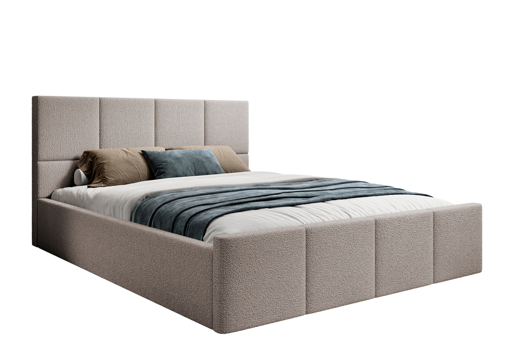 SELSEY Łóżko tapicerowane 140x200 cm Monera ciemnobeżowe z pojemnikiem stelaż metalowy boucle nogi czarne