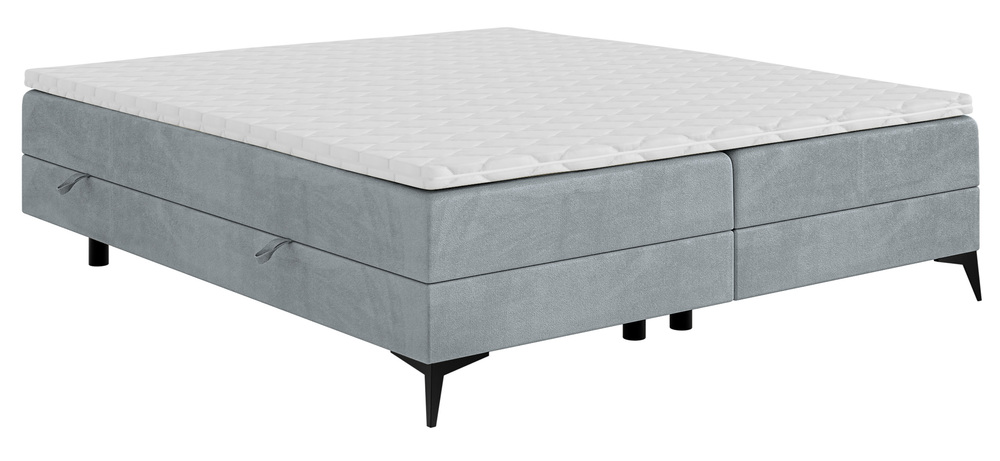 SELSEY Łóżko kontynentalne Baseo niskie 140x200 cm bez wezgłowia z pojemnikami i topperem jasnoszare welur hydrofobowy