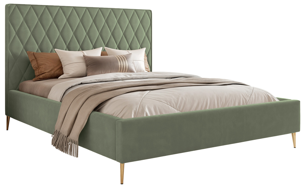 SELSEY Łóżko tapicerowane 140x200 cm Caro z pojemnikiem eukaliptusowe welur hydrofobowy złote nóżki