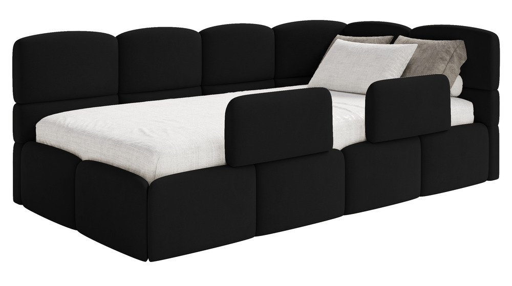 SELSEY Łóżko młodzieżowe 90x200 cm Cloudy prawostronne z pojemnikiem i barierkami czarne welur hydrofobowy łatwoczyszczący