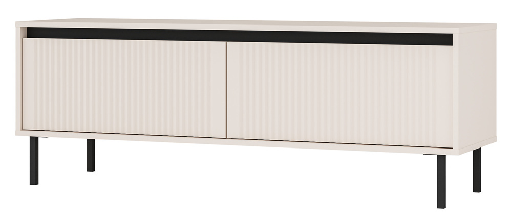 SELSEY Szafka RTV Osaka z dwiema szufladami i ryflowanymi frontami 140 cm beż piaskowy na czarnych nogach