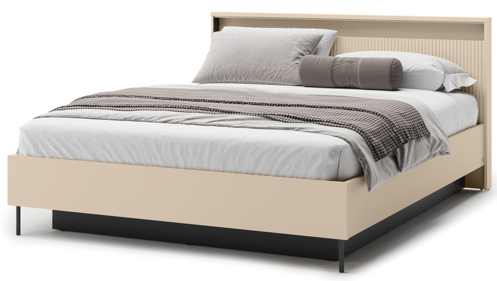 SELSEY Łóżko Trend 160x200 cm ryflowane z pojemnikiem i oświetleniem beż piaskowy / czarny