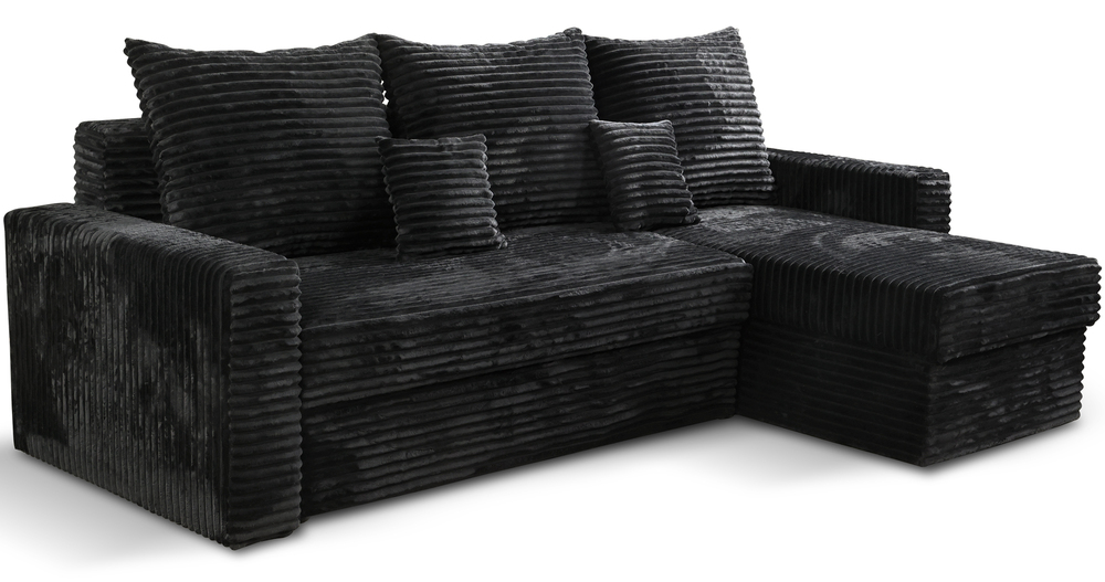 SELSEY Narożnik z funkcją spania Boston L-kształtny uniwersalny z pojemnikiem czarny gruby sztruks