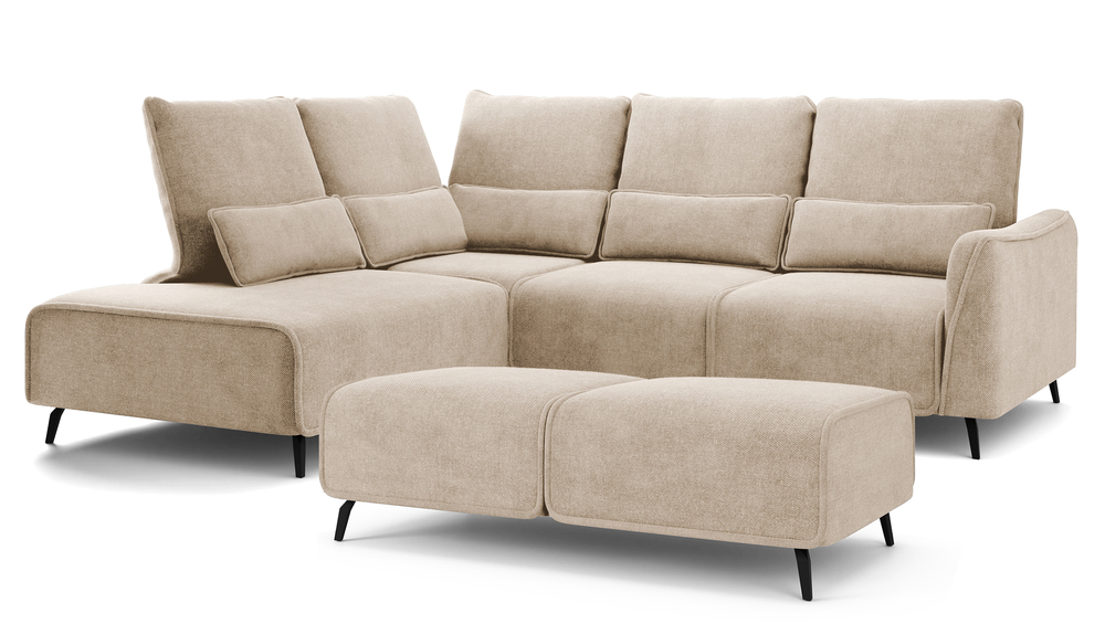 SELSEY Narożnik z funkcją spania Rumbia z pufą L-kształtny z boczkiem beżowy z regulowanym oparciem w tkaninie łatwoczyszczcej plecionka nogi czarne l