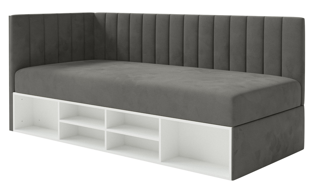 SELSEY Łóżko młodzieżowe 90x200 cm Ventrio lewostronne z pojemnikiem i półkami ciemnoszare welur hydrofobowy łatwoczyszczący