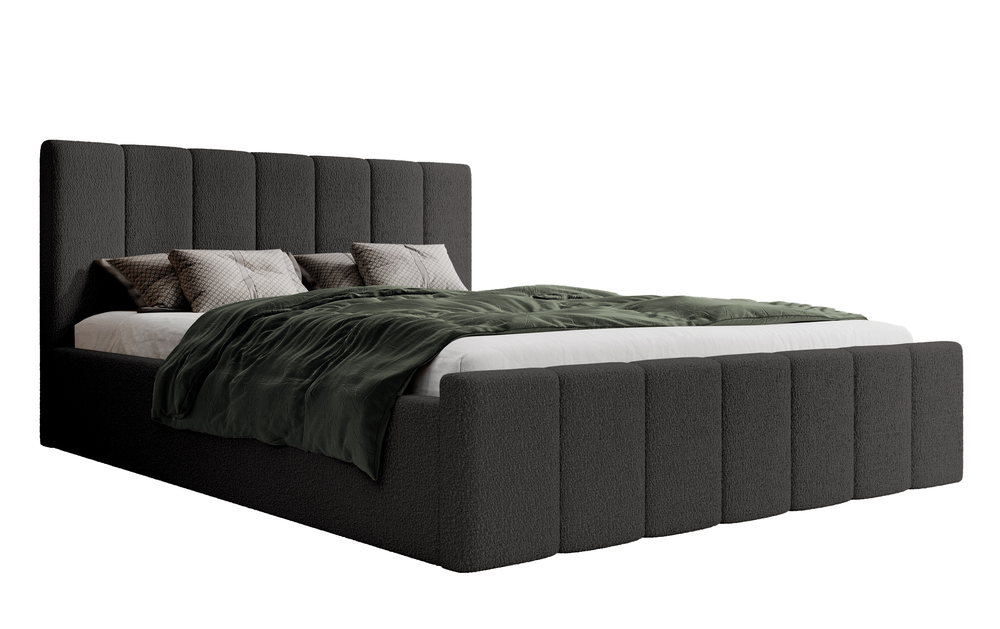 SELSEY Łóżko tapicerowane 180x200 cm Neroma ciemnoszare z pojemnikiem stelaż drewniany boucle nogi czarne