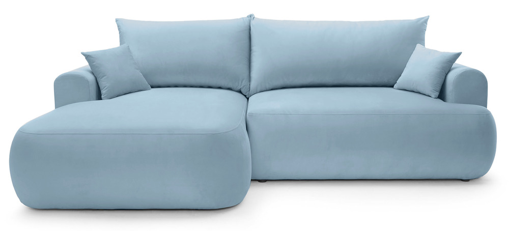 SELSEY Narożnik z funkcją spania Ovo L-kształtny lewostronny z pojemnikiem błękitny welur hydrofobowy