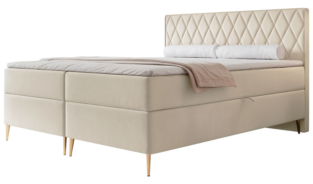 SELSEY Łóżko kontynentalne 160x200 cm Caresso z materacem bonellowym i topperem jasnobeżowe welur hydrofobowy