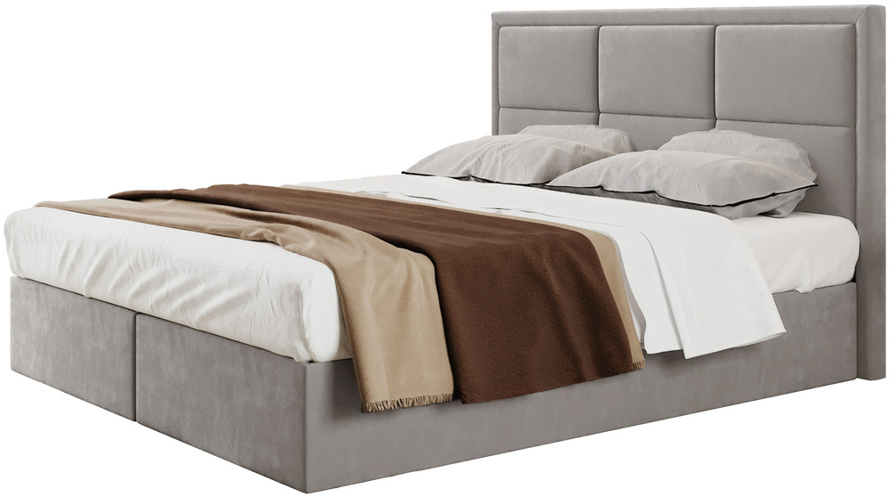 SELSEY Łóżko kontynentalne 180x200 cm Rommano z materacem bonellowym i topperem szarobeżowe welur