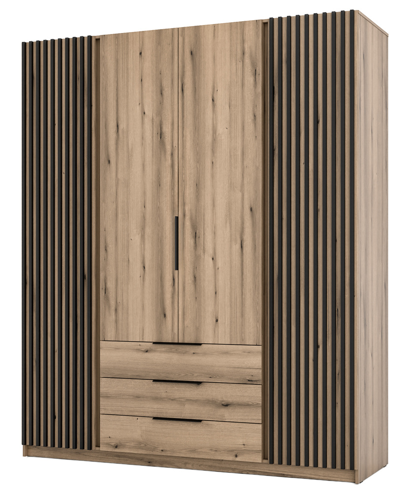 SELSEY Szafa Kaja czterodrzwiowa z lamelami i trzema szufladami 200 cm dąb evoke