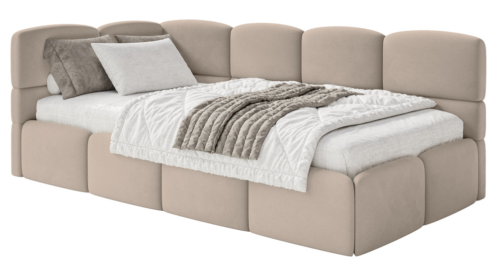 SELSEY Łóżko młodzieżowe 90x200 cm Cloudy lewostronne z materacem i pojemnikiem beżowe welur hydrofobowy łatwoczyszczący