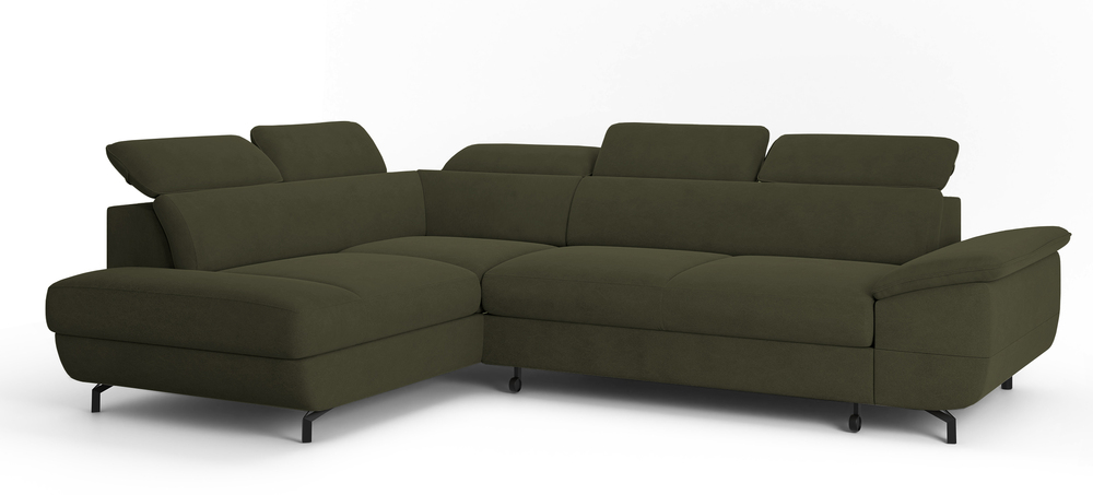 SELSEY Narożnik z funkcją spania Lambo L-kształtny z boczkiem z regulowanymi zagłówkami i pojemnikiem oliwkowy welur łatwoczyszczący lewostronny