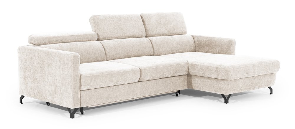 SELSEY Narożnik z funkcją spania Monarda L-kształtny z pojemnikiem i regulowanymi zagłówkami kremowy welur hydrofobowy prawostronny