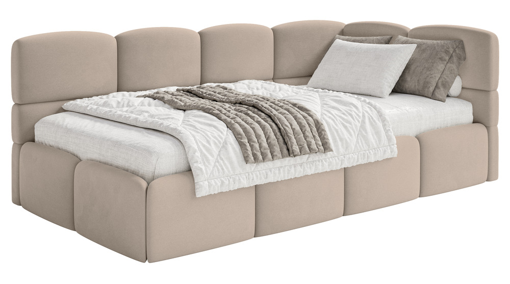 SELSEY Łóżko młodzieżowe 90x200 cm Cloudy prawostronne z materacem i pojemnikiem beżowe welur hydrofobowy łatwoczyszczący