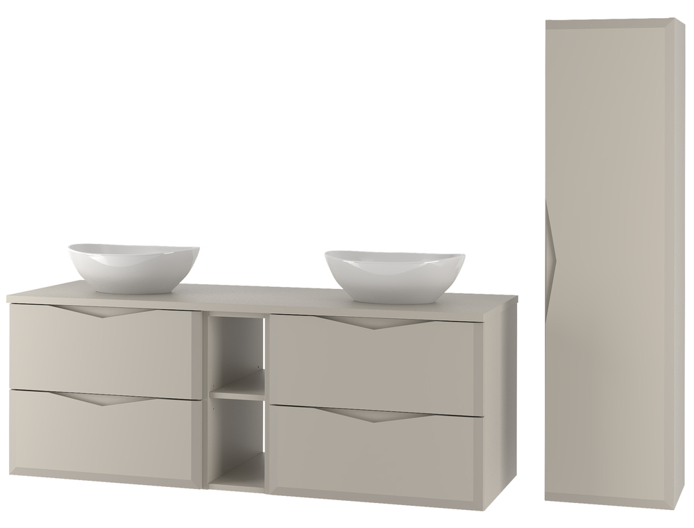 SELSEY Zestaw łazienkowy Delica z dwiema umywalkami nablatowymi i słupkiem 175 cm szary beż