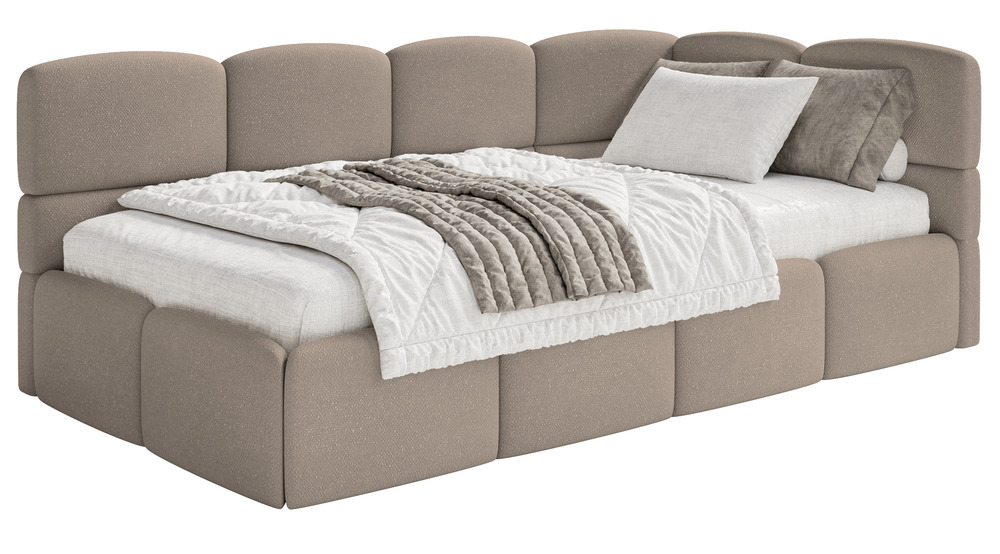 SELSEY Łóżko młodzieżowe 90x200 cm Cloudy prawostronne z materacem i pojemnikiem jasnobrązowe szenil