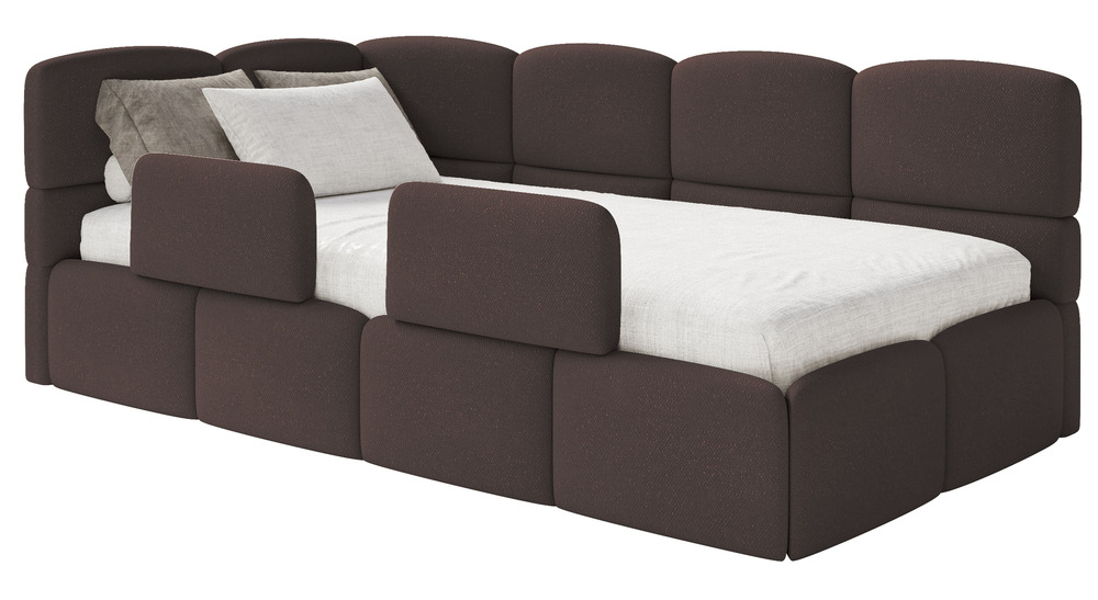 SELSEY Łóżko młodzieżowe 90x200 cm Cloudy lewostronne z materacem pojemnikiem i barierkami brązowe szenil