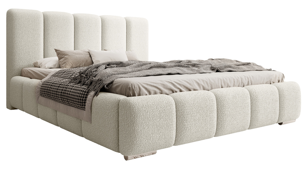 SELSEY Łóżko tapicerowane 140x200 cm Fiftino z pojemnikiem na pościel kremowe boucle