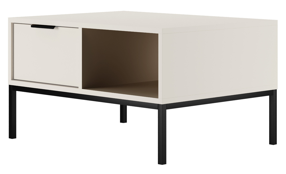 SELSEY Stolik kawowy Diargo 80 cm z dwiema szufladami i wnęką biały na czarnym stelażu