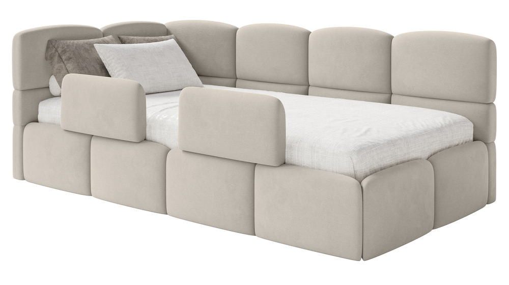 SELSEY Łóżko młodzieżowe 90x200 cm Cloudy lewostronne z materacem pojemnikiem i barierkami jasnobeżowe welur hydrofobowy łatwoczyszczący