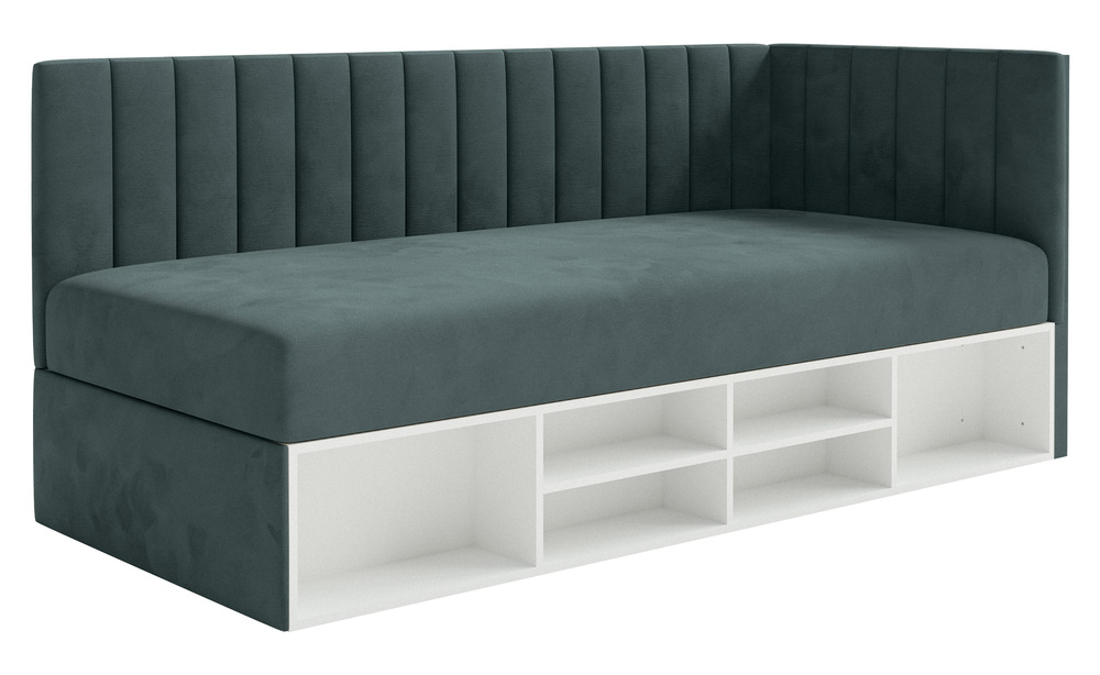 SELSEY Łóżko młodzieżowe 90x200 cm Ventrio prawostronne z pojemnikiem i półkami niebieskoszare welur hydrofobowy łatwoczyszczący