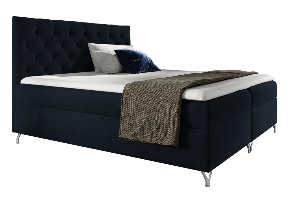 SELSEY Łóżko kontynentalne Lozanna 140x200 z dwoma pojemnikami, materacem i topperem granatowe