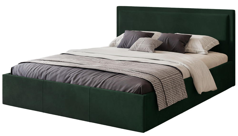 SELSEY Łóżko tapicerowane 140x200 cm Soave z pojemnikiem i metalowym stelażem ciemnozielony welur
