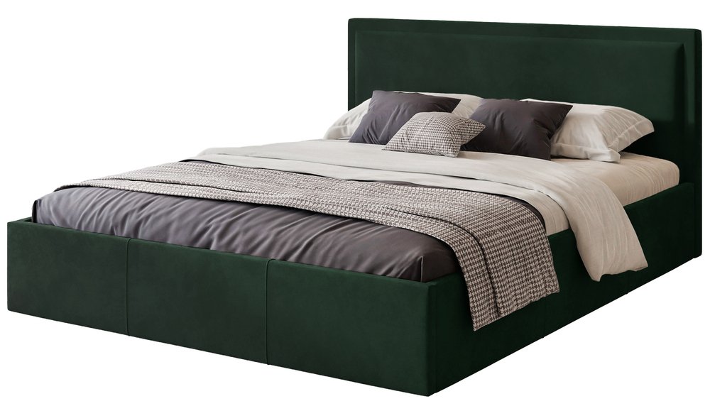 SELSEY Łóżko tapicerowane 140x200 cm Soave z pojemnikiem i metalowym stelażem ciemnozielony welur