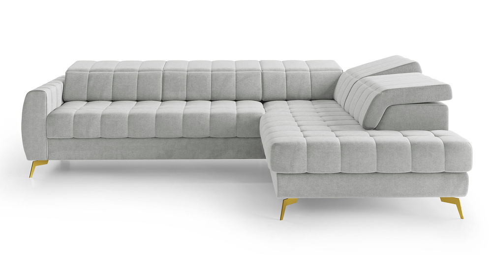 SELSEY Narożnik z funkcją spania Pessi L-kształtny z pojemnikiem i regulowanymi zagłówkami szary welur łatwoczyszczący prawostronny