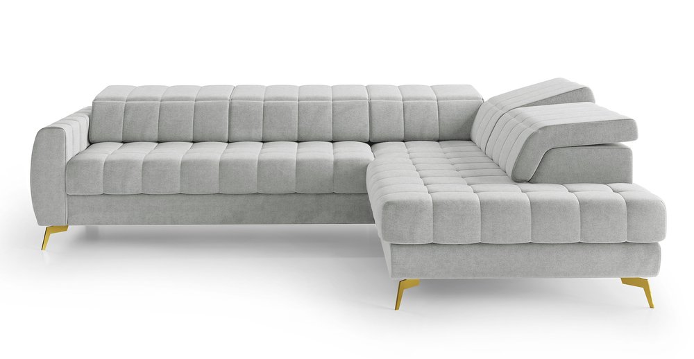 SELSEY Narożnik z funkcją spania Pessi L-kształtny z pojemnikiem i regulowanymi zagłówkami szary welur łatwoczyszczący prawostronny