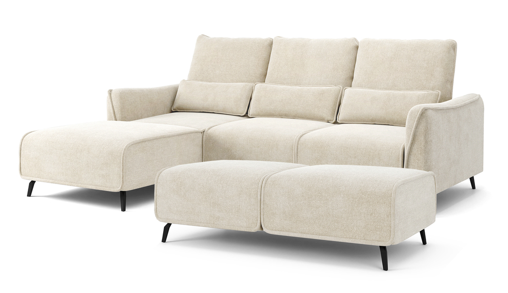 SELSEY Narożnik z funkcją spania Rumbia z pufą L-kształtny kremowy z regulowanym oparciem w tkaninie łatwoczyszczcej plecionka nogi czarne lewostronny