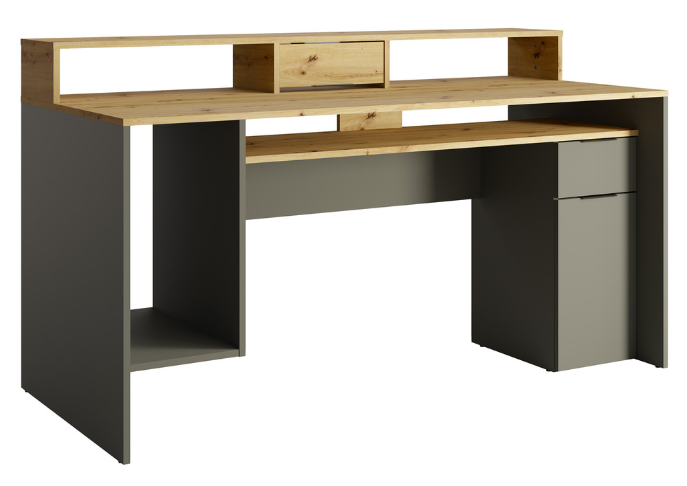 SELSEY Biurko Gikko z nadstawką, półkami i szufladą dąb artisan szary grafit
