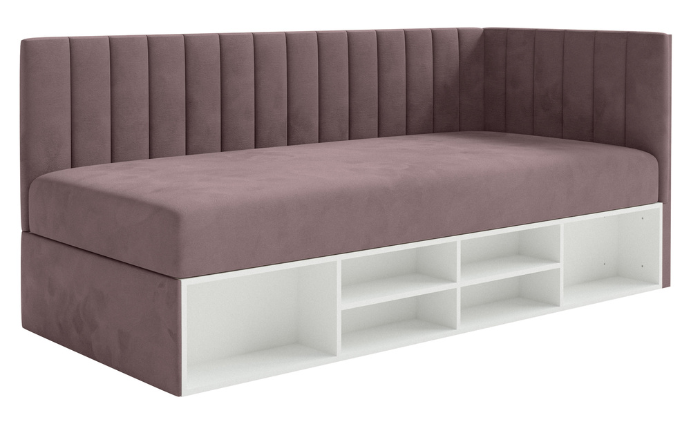 SELSEY Łóżko młodzieżowe 90x200 cm Ventrio prawostronne z pojemnikiem i półkami fioletowe welur hydrofobowy łatwoczyszczący