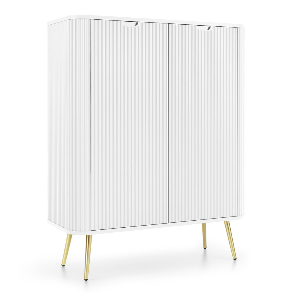 SELSEY Komoda wysoka Zova dwudrzwiowa z lamelowymi frontami 103 cm Biała ze złotymi nogami