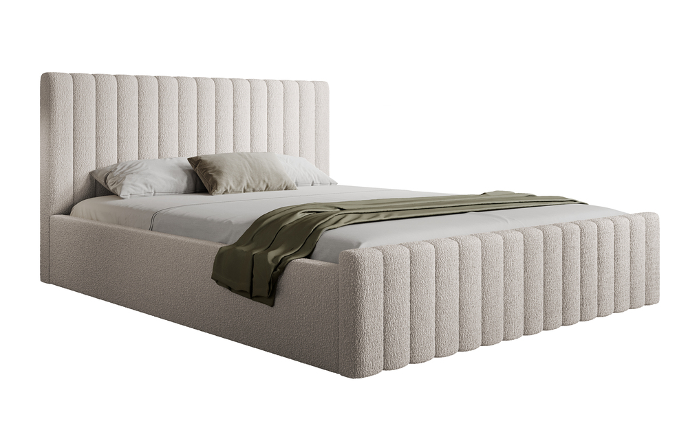 SELSEY Łóżko tapicerowane 140x200 cm Ramone beżowe z pojemnikiem stelaż metalowy boucle nogi czarne